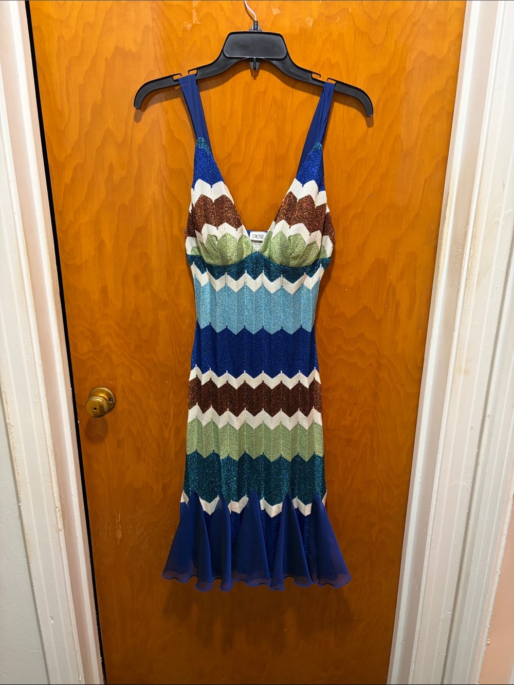 Cache Blue Multi Chevron Knit Midi Dress with Strappy V-Neck